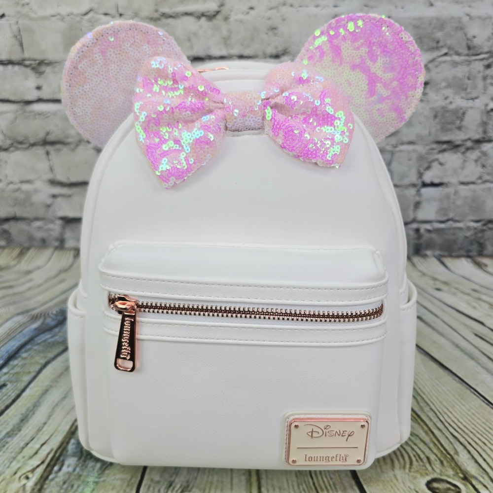 Loungefly Disney Minnie Mouse Mini Backpack White Pink Sequin Ears Bow Rose Gold